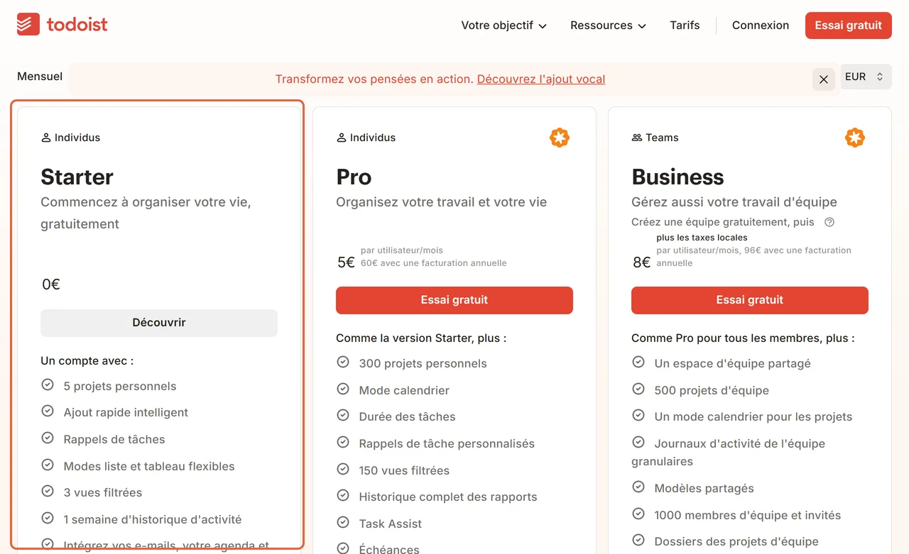 Page de tarifs de Todoist : la formule Starter à 0 €, avec 5 projets personnels, est encadrée, à côté de Pro à 5 € et de Business à 8 € par utilisateur et par mois