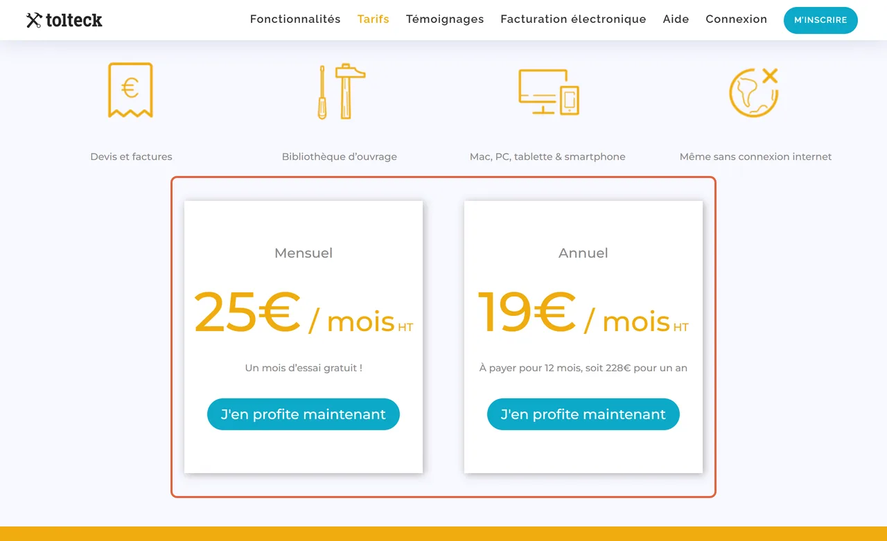 Page de tarifs de Tolteck : les deux cartes Mensuel à 25 € par mois HT et Annuel à 19 € par mois HT, soit 228 € pour un an, sont encadrées
