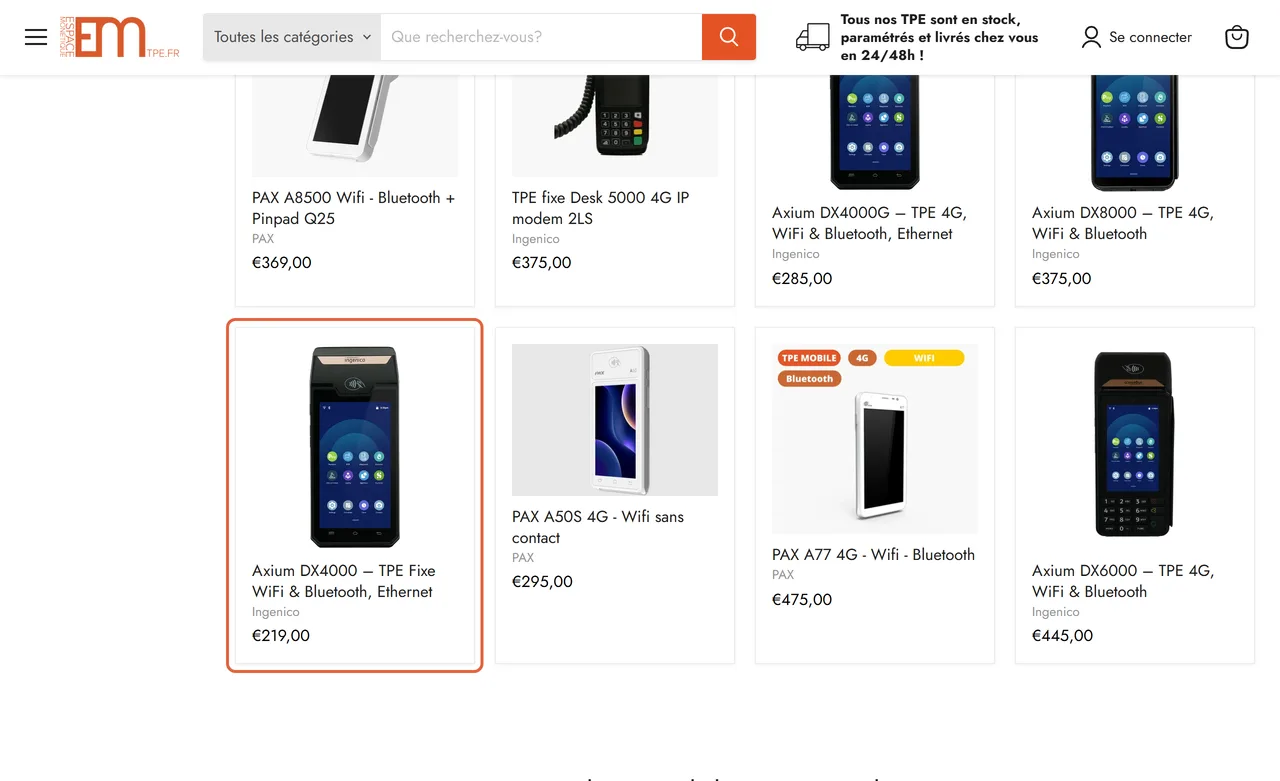 Collection Acheter un TPE de tpe.fr : la carte de l'Axium DX4000, TPE fixe WiFi et Bluetooth d'Ingenico affiché à 219,00 € sans mention HT ou TTC, est encadrée