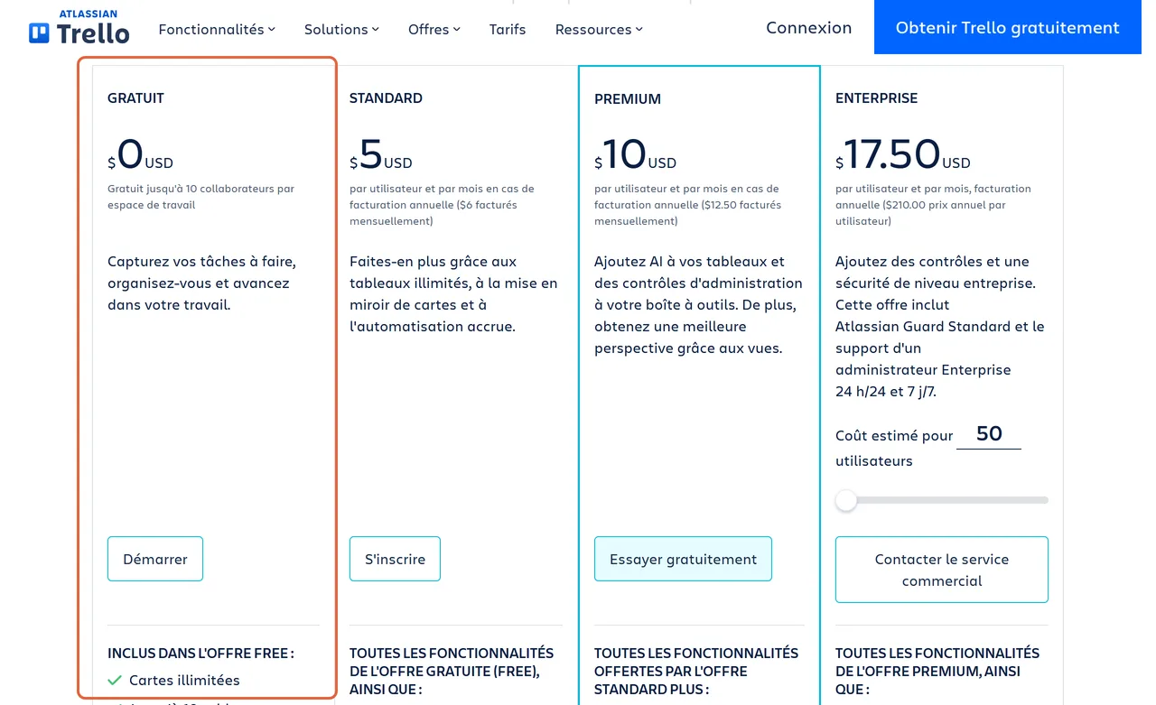 Page de tarifs de Trello en français : l'offre Gratuit à 0 $ US, jusqu'à 10 collaborateurs par espace de travail, est encadrée, à côté de Standard à 5 $ US, Premium à 10 $ US et Enterprise à 17,50 $ US