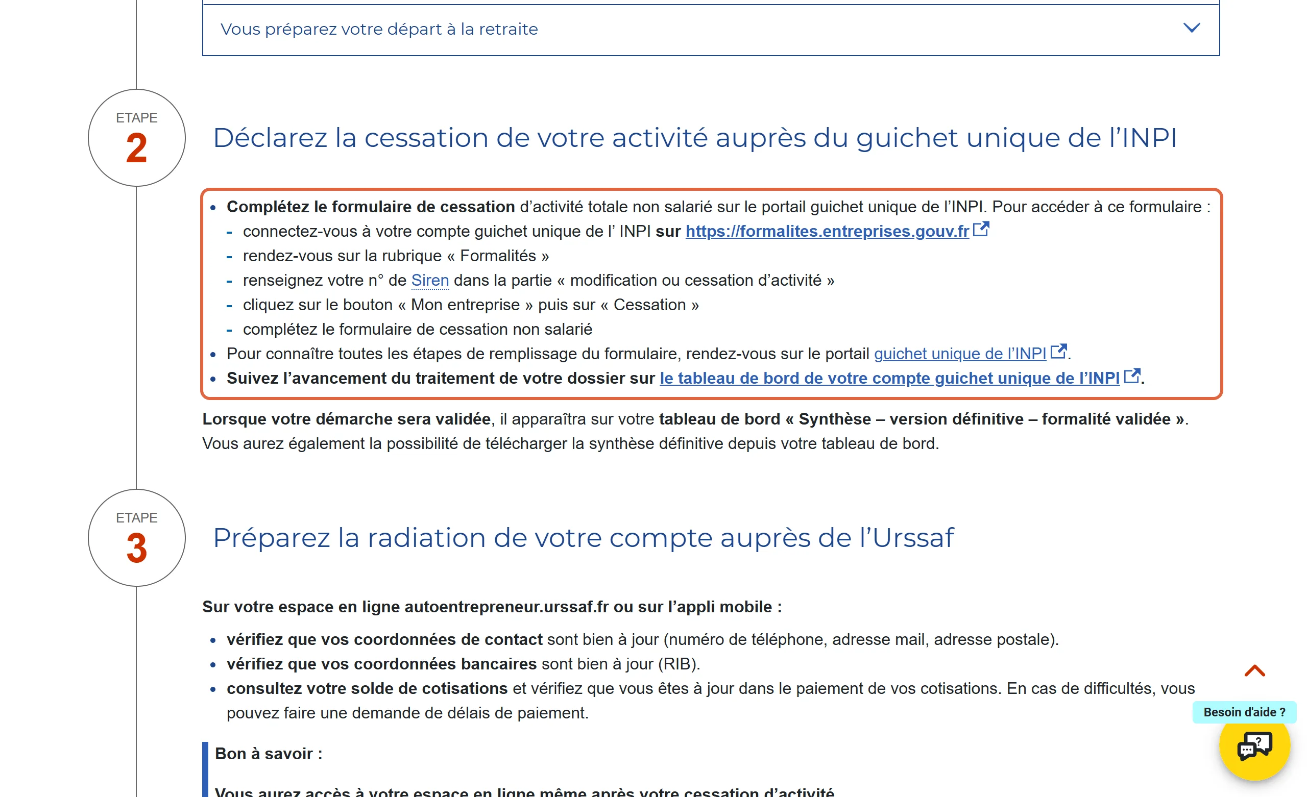 Fiche « Cesser mon activité » sur autoentrepreneur.urssaf.fr : l’étape 2 encadrée détaille le chemin dans le guichet unique de l’INPI, de la rubrique Formalités au bouton Cessation