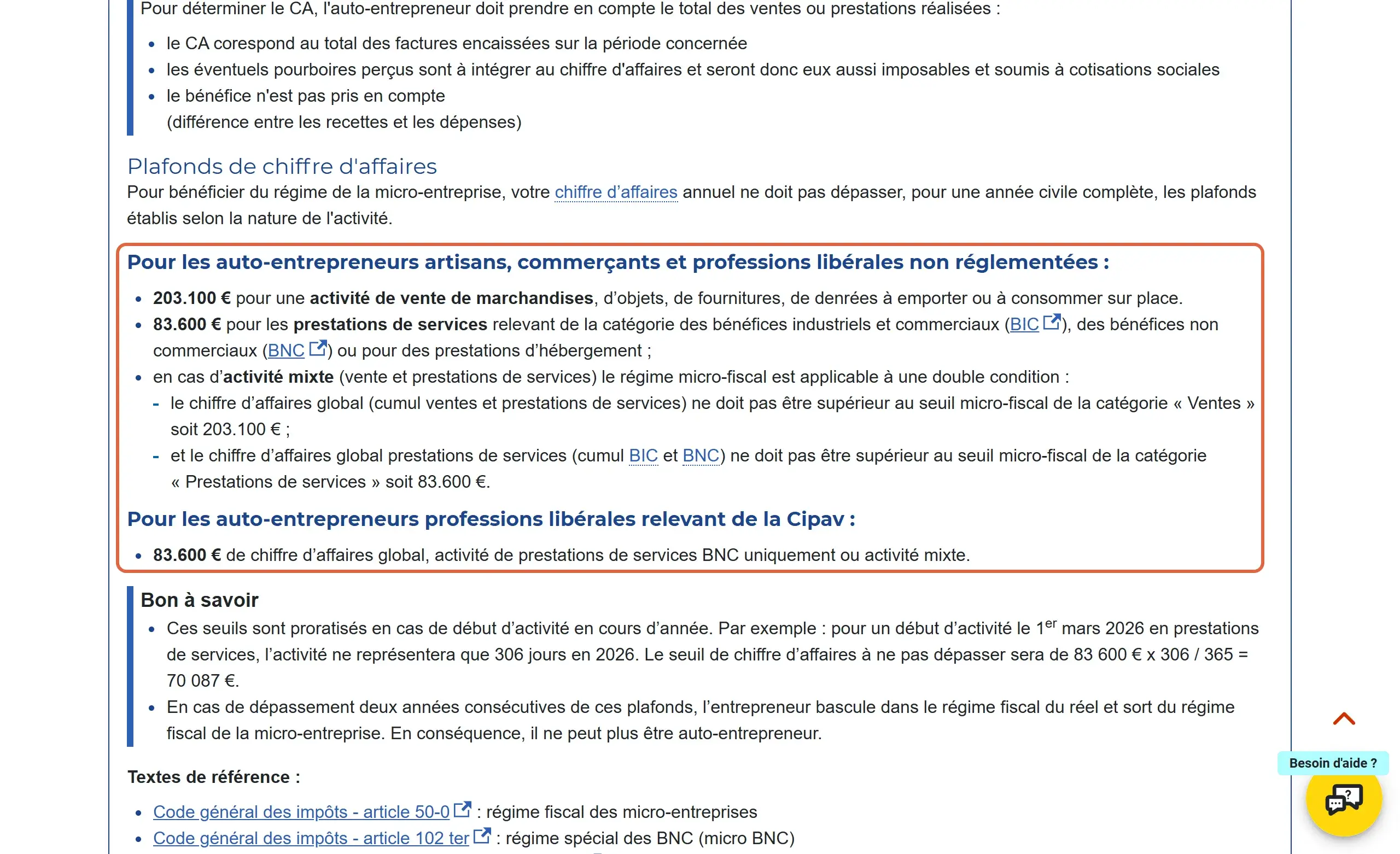 Plafonds du statut auto-entrepreneur sur autoentrepreneur.urssaf.fr : les paragraphes encadrés donnent 203 100 € pour la vente, 83 600 € pour les prestations de services et la règle de l’activité mixte