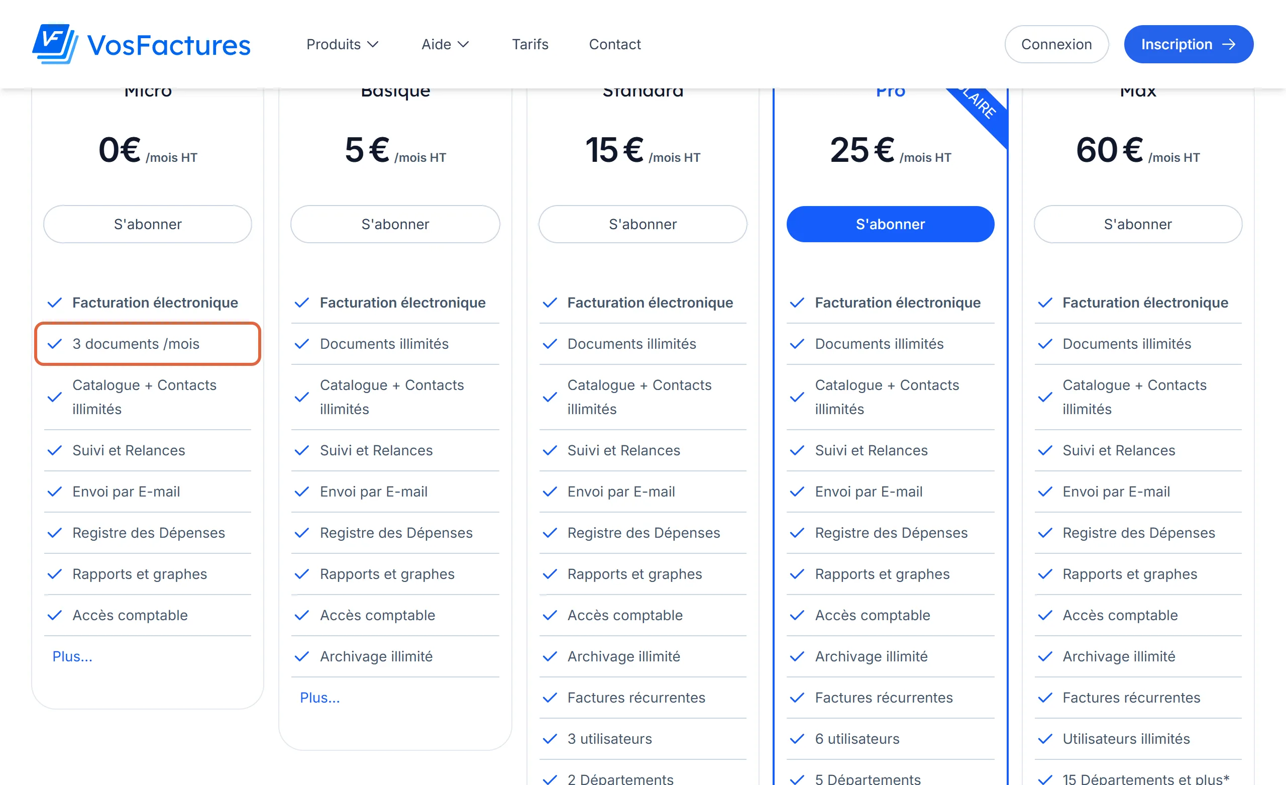 Page de tarifs de VosFactures avec cinq formules de 0 € à 60 € par mois HT : dans la première colonne, la ligne 3 documents par mois est encadrée