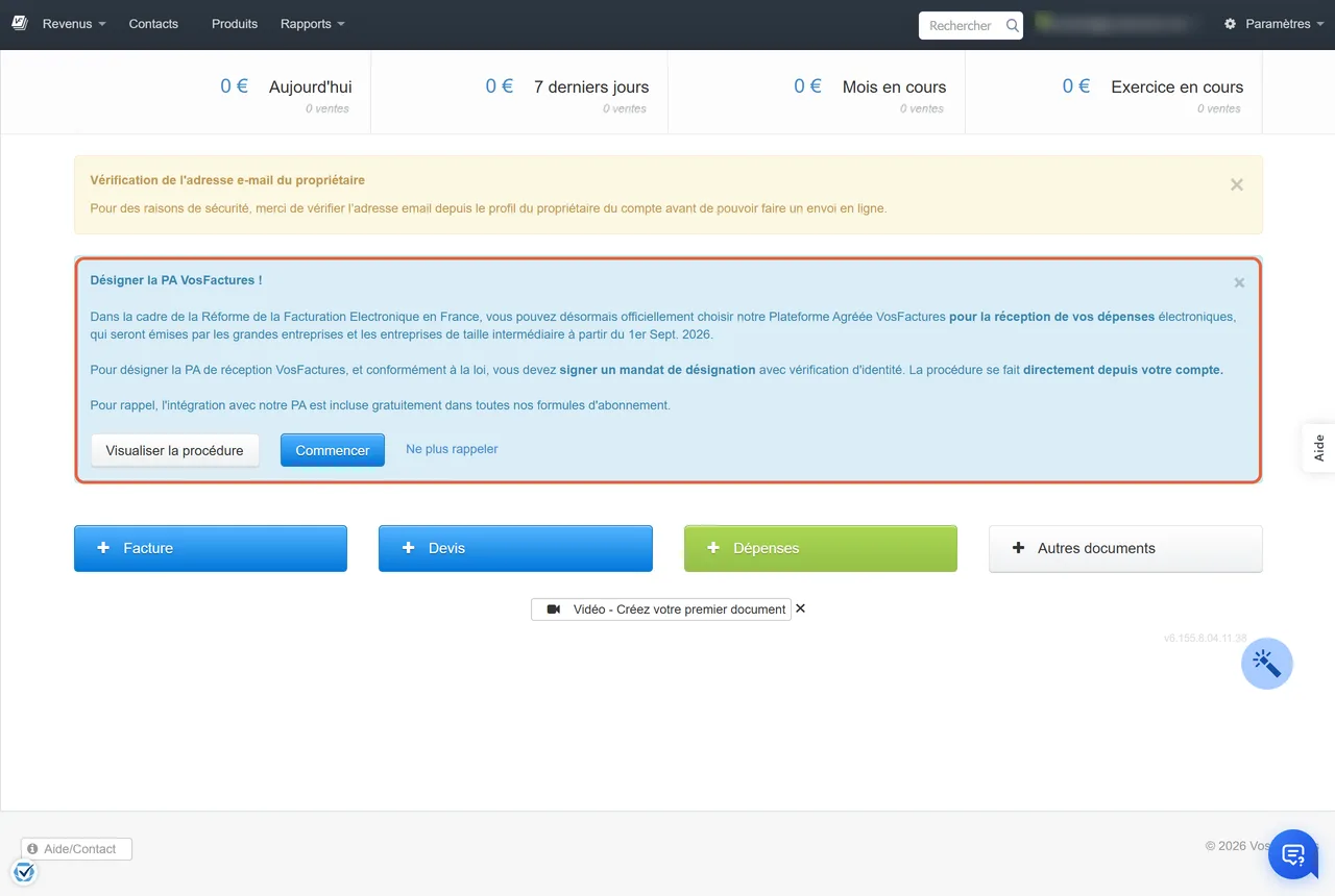 Accueil d'un compte VosFactures tout juste créé : encadré « Désigner la PA VosFactures ! » expliquant le mandat de désignation avec vérification d'identité, puis les boutons Facture, Devis, Dépenses et Autres documents