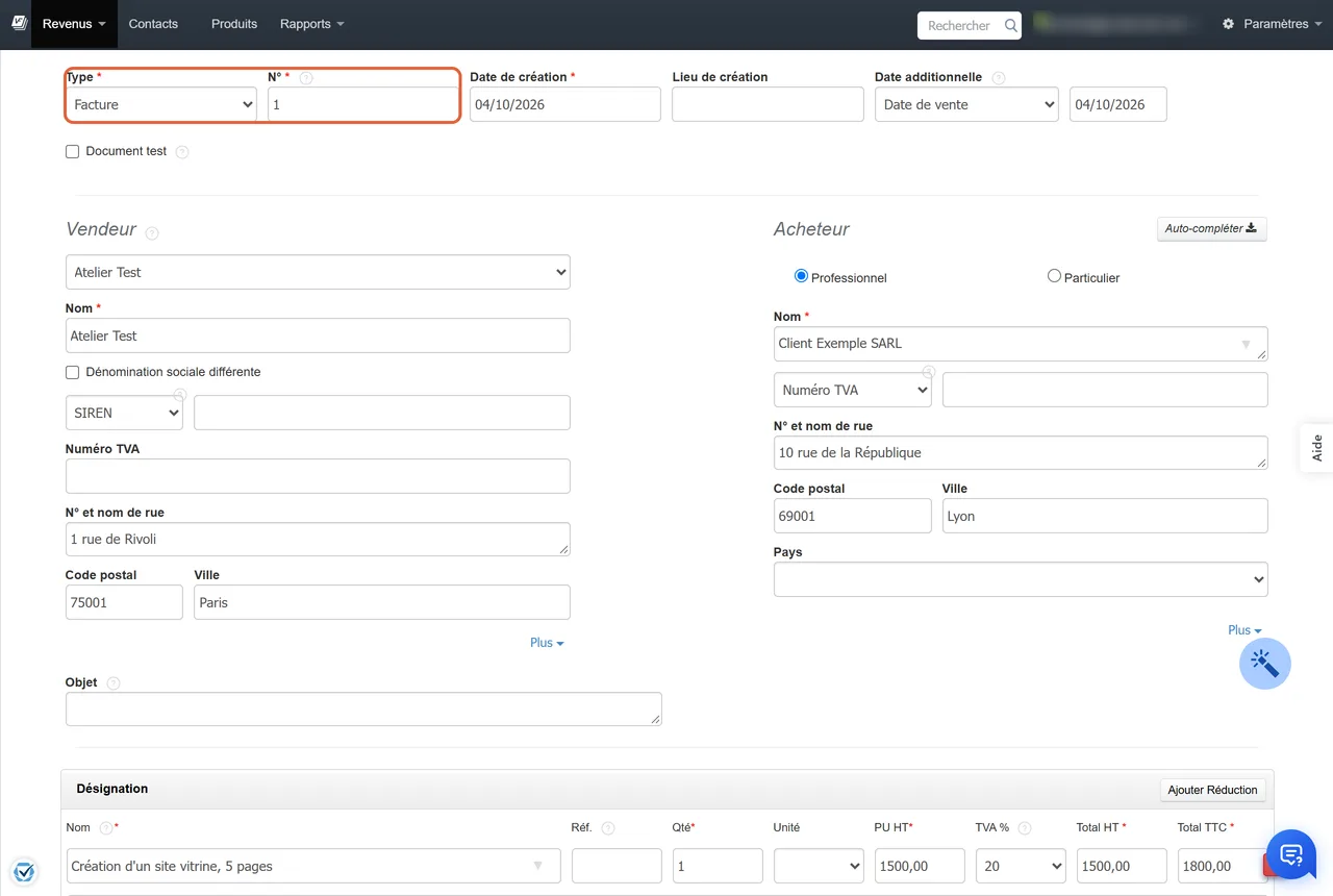 Formulaire de facture de VosFactures ouvert à partir du devis : type Facture et numéro 1 encadrés, vendeur, acheteur et ligne de prestation déjà remplis