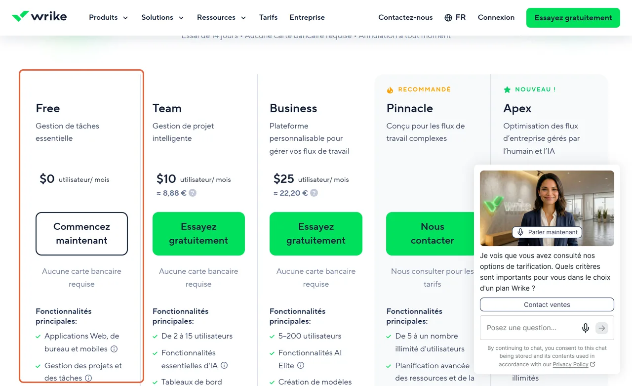 Page de tarifs de Wrike en français : la formule Free à 0 $ US est encadrée, à côté de Team à 10 $ US et de Business à 25 $ US par utilisateur et par mois, avec une conversion en euros