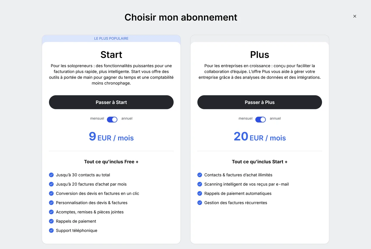 Fenêtre « Choisir mon abonnement » dans le compte Shine Facture ouvert depuis Zervant : formule Start à 9 EUR par mois et formule Plus à 20 EUR par mois, avec la liste de ce que chacune ajoute à la formule Free