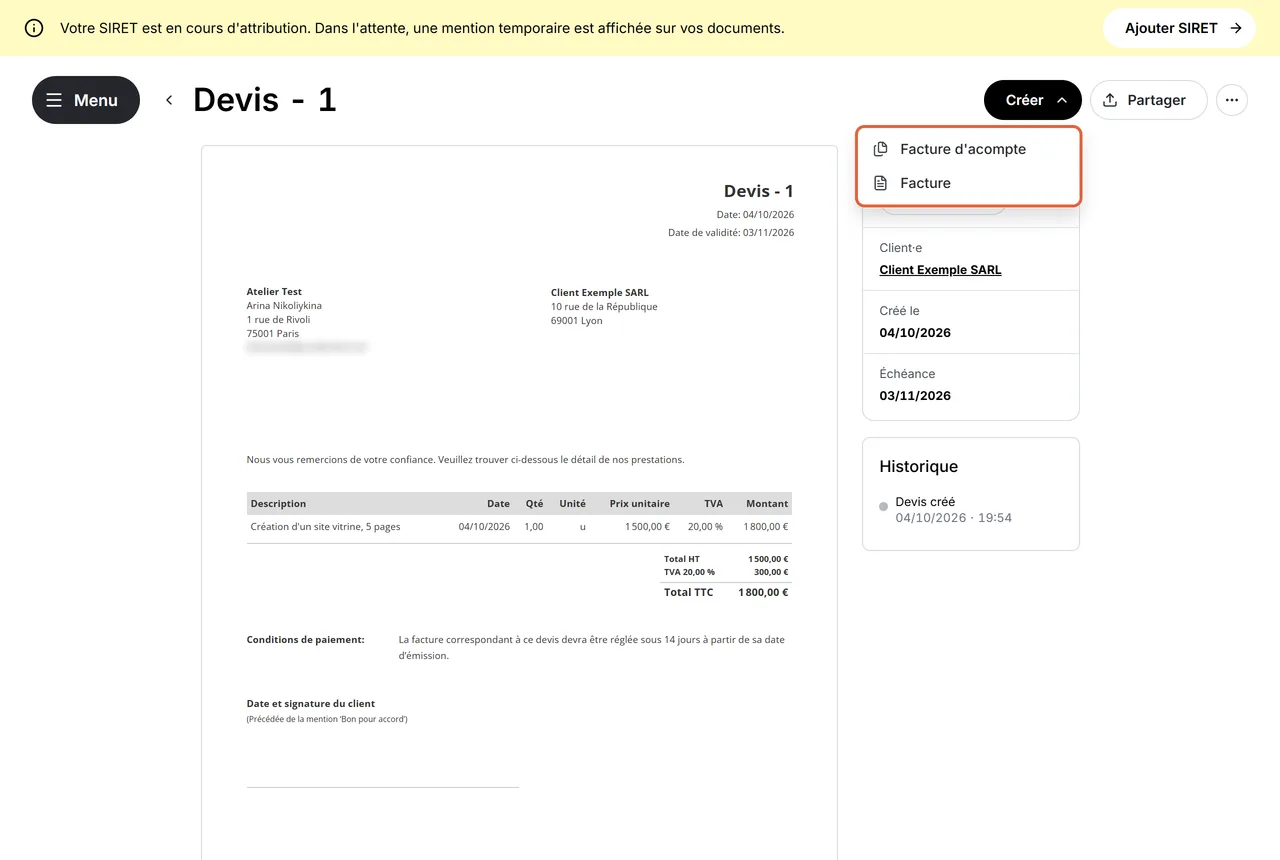 Devis - 1 validé dans Shine Facture, menu « Créer » ouvert avec les deux choix Facture d'acompte et Facture, encadrés ; total de 1 500,00 € HT et 1 800,00 € TTC