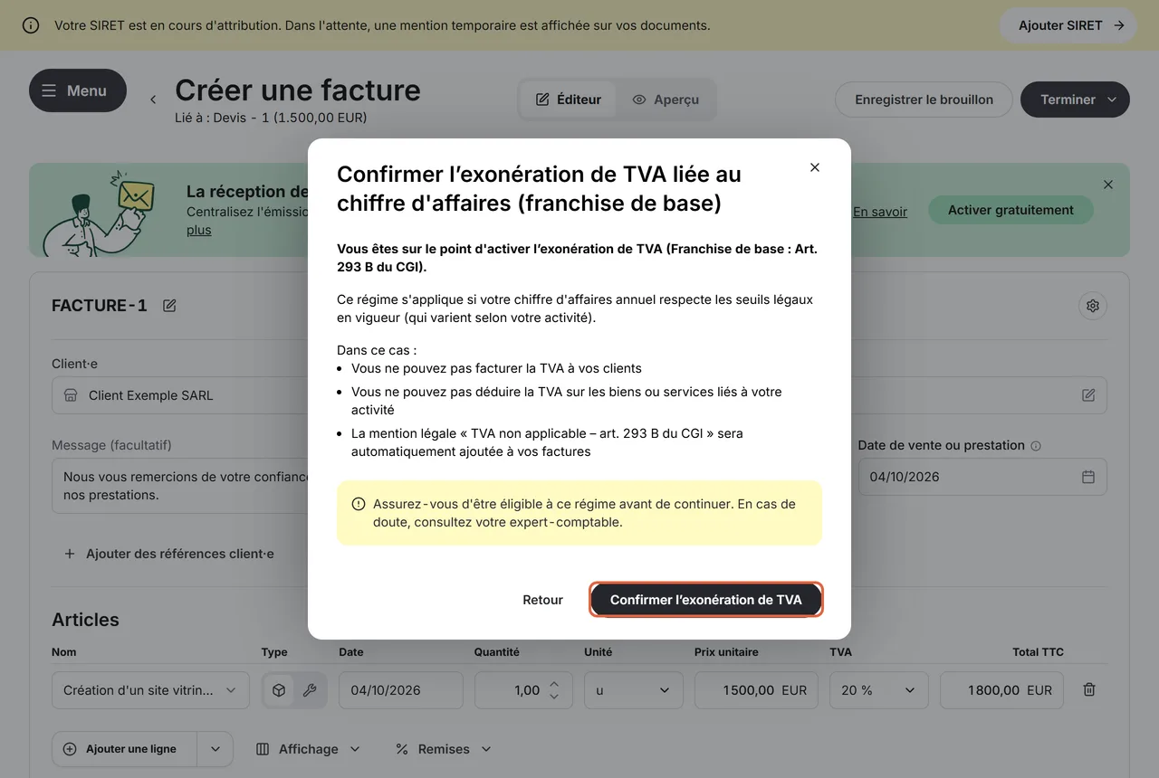 Fenêtre « Confirmer l'exonération de TVA liée au chiffre d'affaires (franchise de base) » de Shine Facture, avec la liste des conséquences et, encadré, le bouton Confirmer l'exonération de TVA