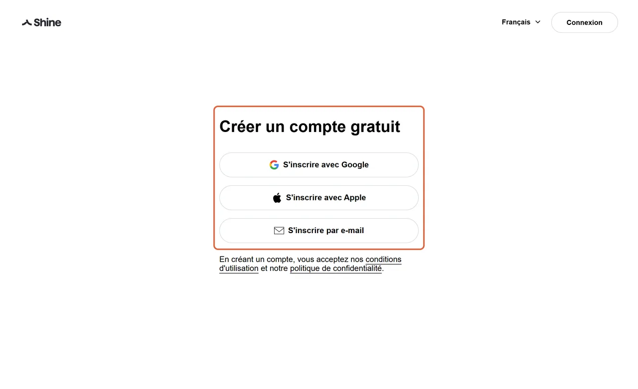 Formulaire Créer un compte gratuit affiché sous la marque Shine, avec trois boutons : s'inscrire avec Google, avec Apple ou par e-mail