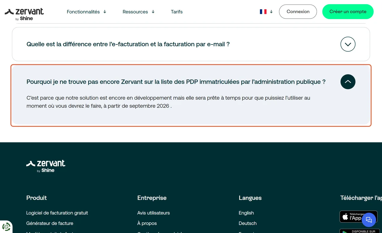 FAQ de la page « facture électronique » de Zervant : la question Pourquoi je ne trouve pas encore Zervant sur la liste des PDP immatriculées et sa réponse sont encadrées