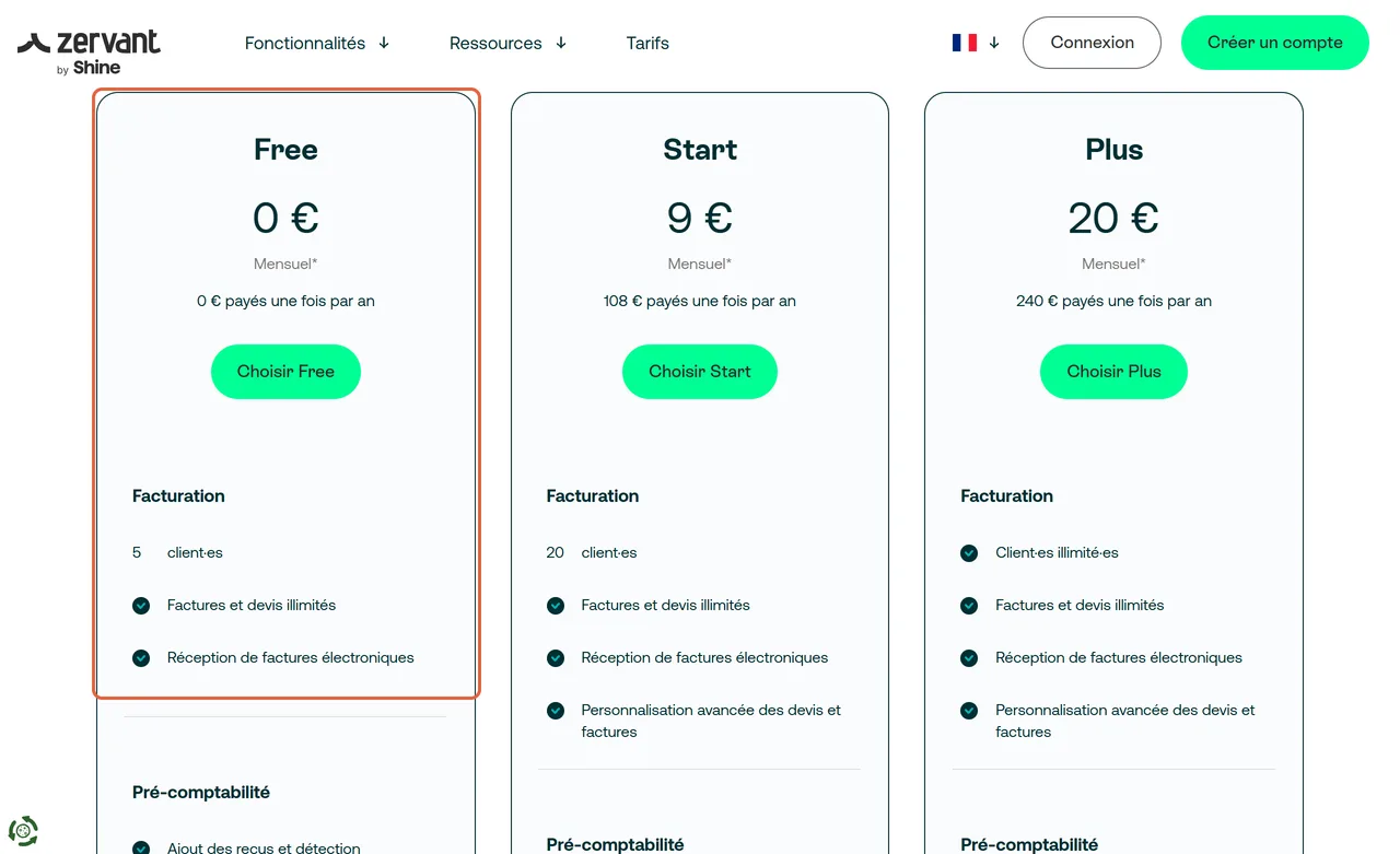Page de tarifs de Zervant : la formule Free à 0 €, limitée à 5 clients avec factures et devis illimités, est encadrée, à côté de Start à 9 € et Plus à 20 €